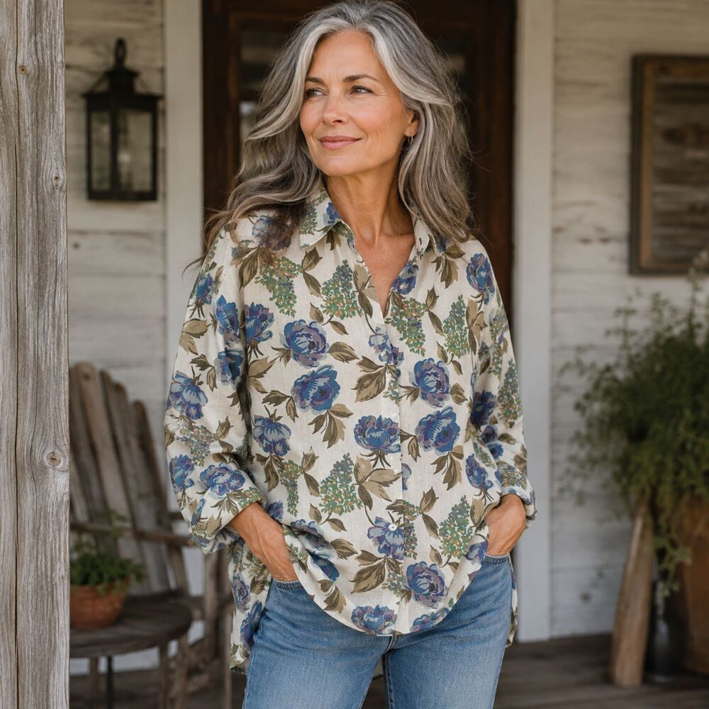 Floral Linen? Button Up Shirt Lavender & Cream Relaxed Fit Cottage Core Bohemian
